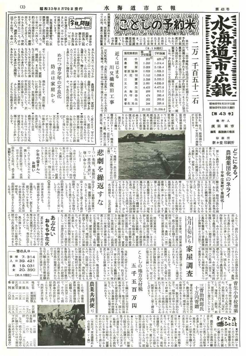 水海道市広報　1958年8月　第43号の表紙画像